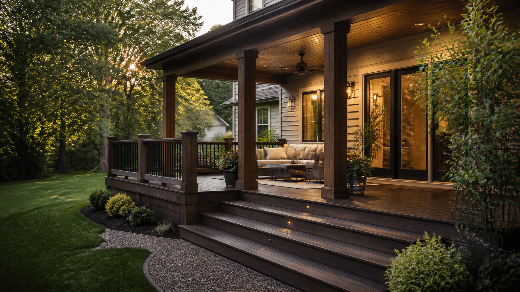 Detailed finished deck and covered outdoor living area