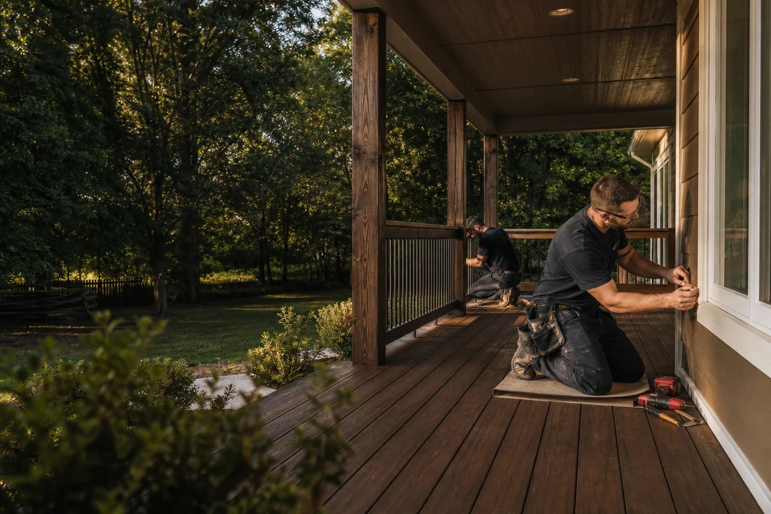 Representative scene of two craftspeople finishing details on a covered backyard deck