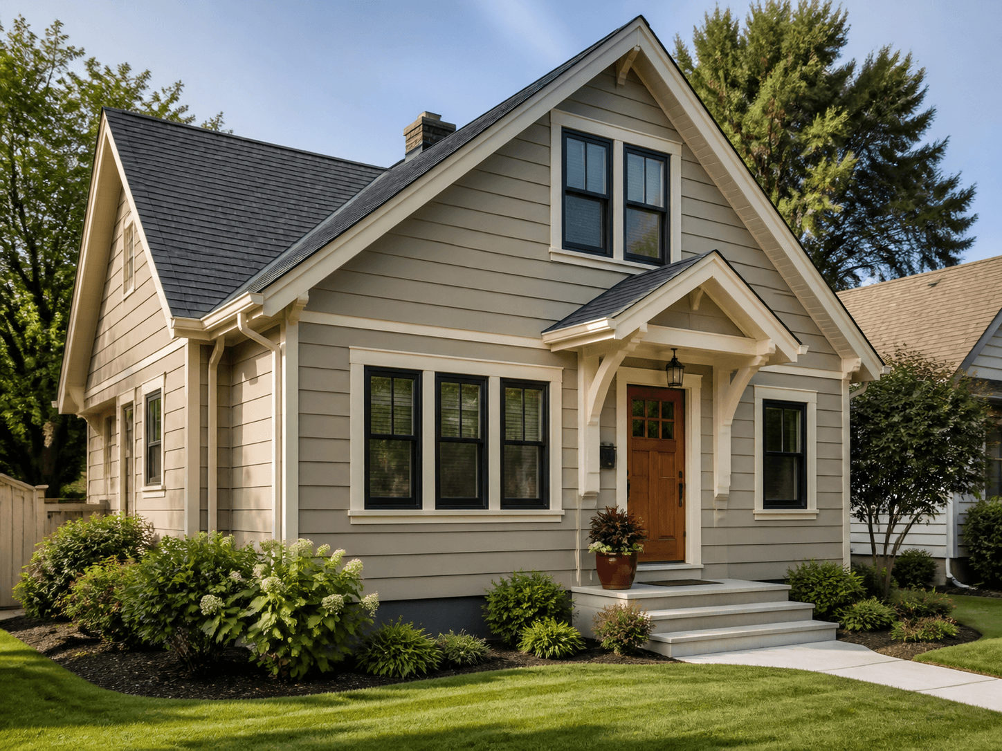 Representative refreshed home exterior with greige siding and a walnut front door