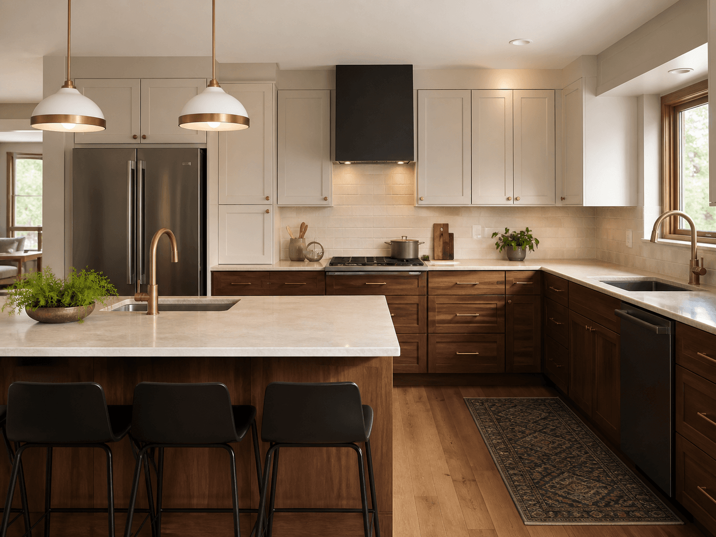 Representative warm modern kitchen with walnut cabinetry and cream finishes