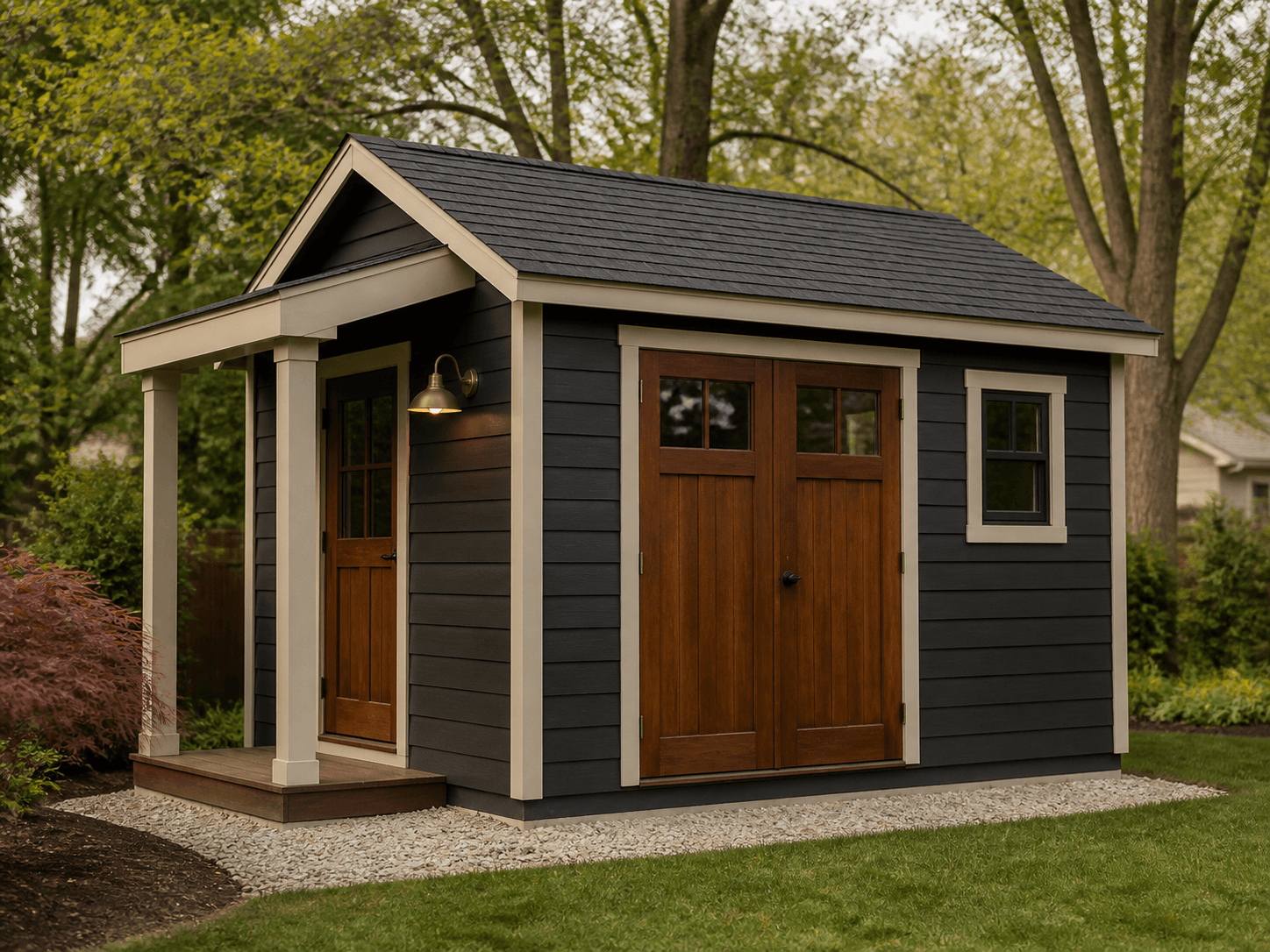Representative charcoal custom shed with walnut doors and cream trim
