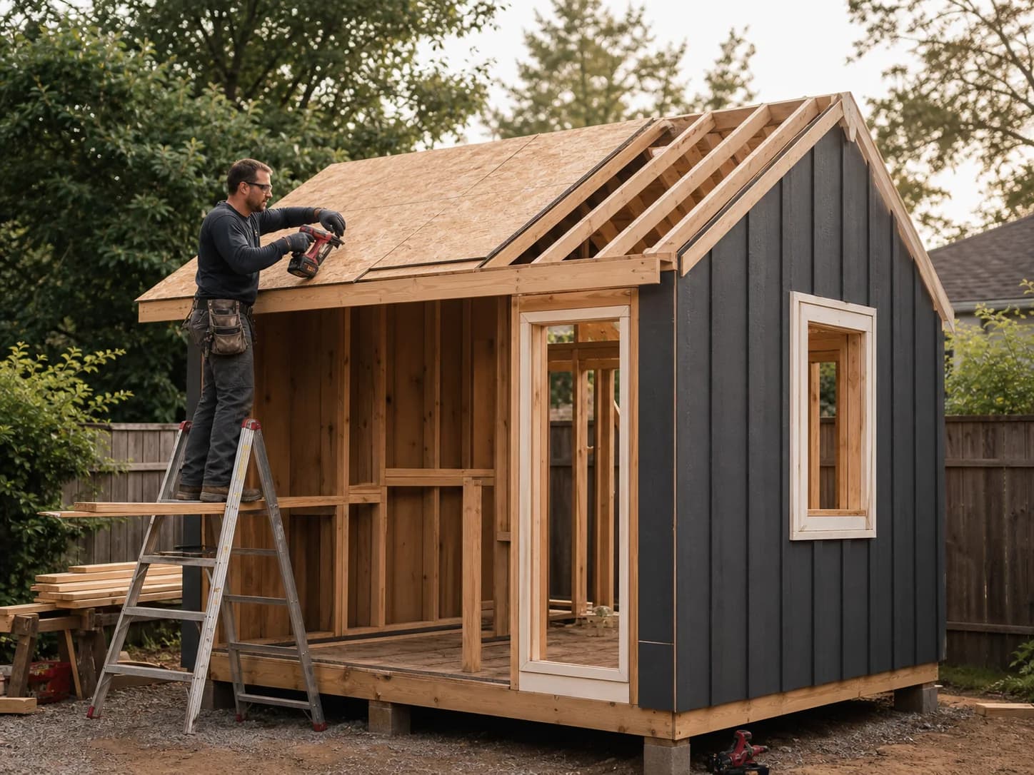 Representative scene of a craftsperson building the roof of a custom backyard shed