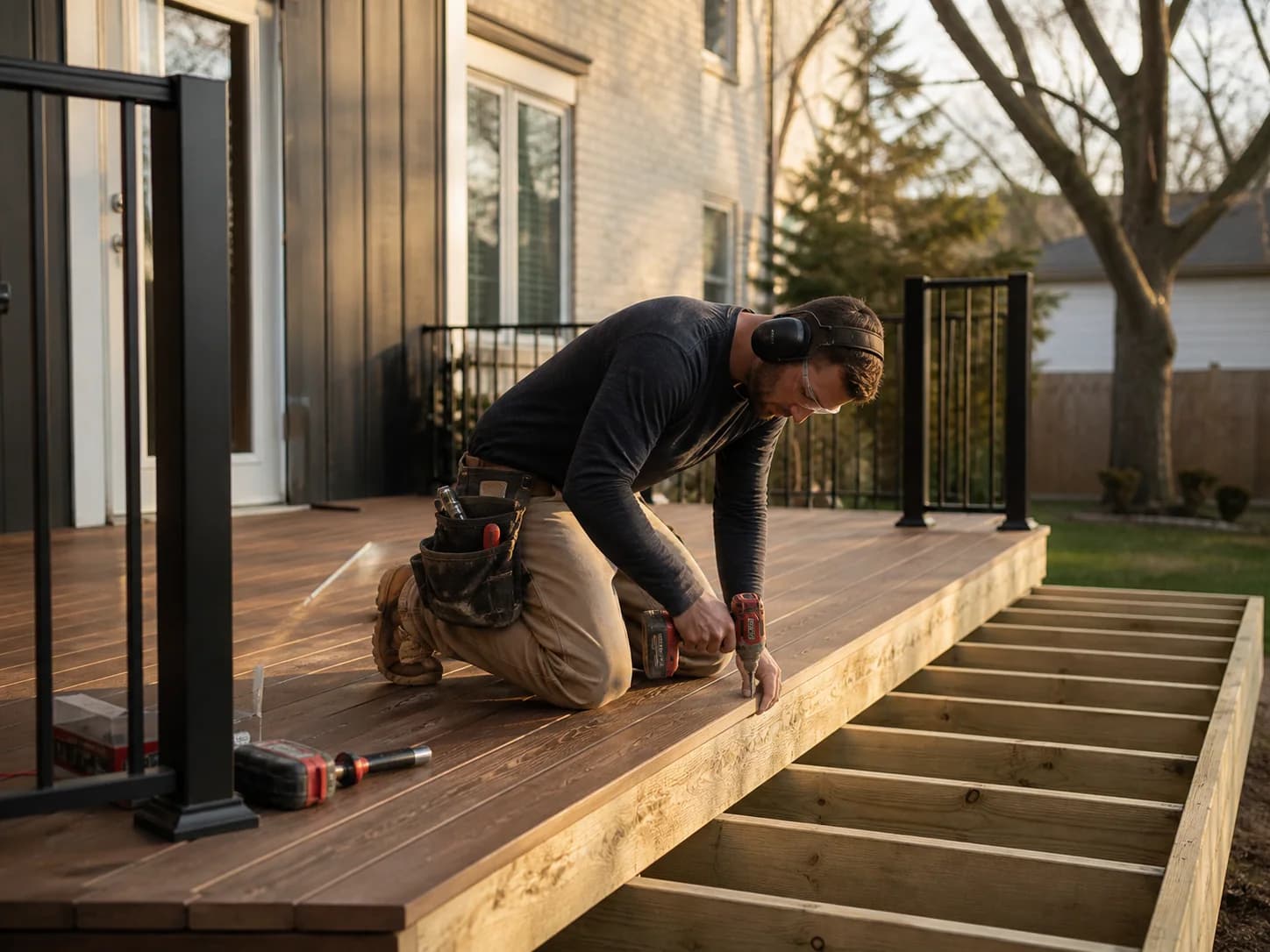Representative scene of a carpenter fastening boards on a deck under construction