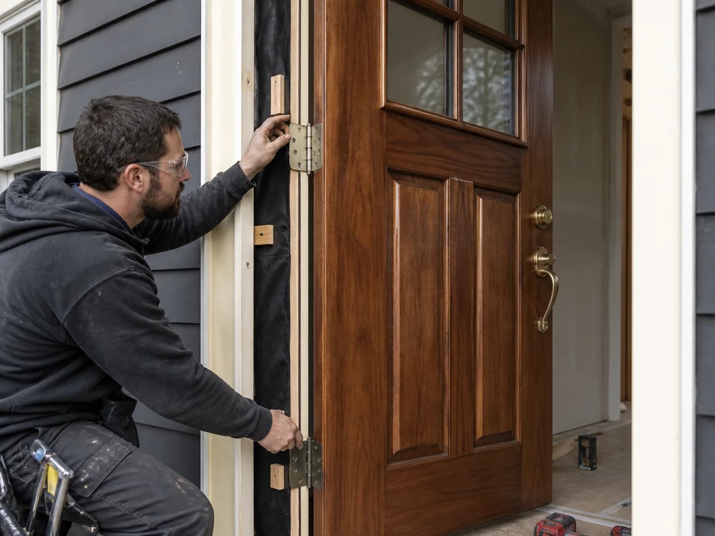 Representative scene of a craftsperson aligning the hinges of a walnut entry door