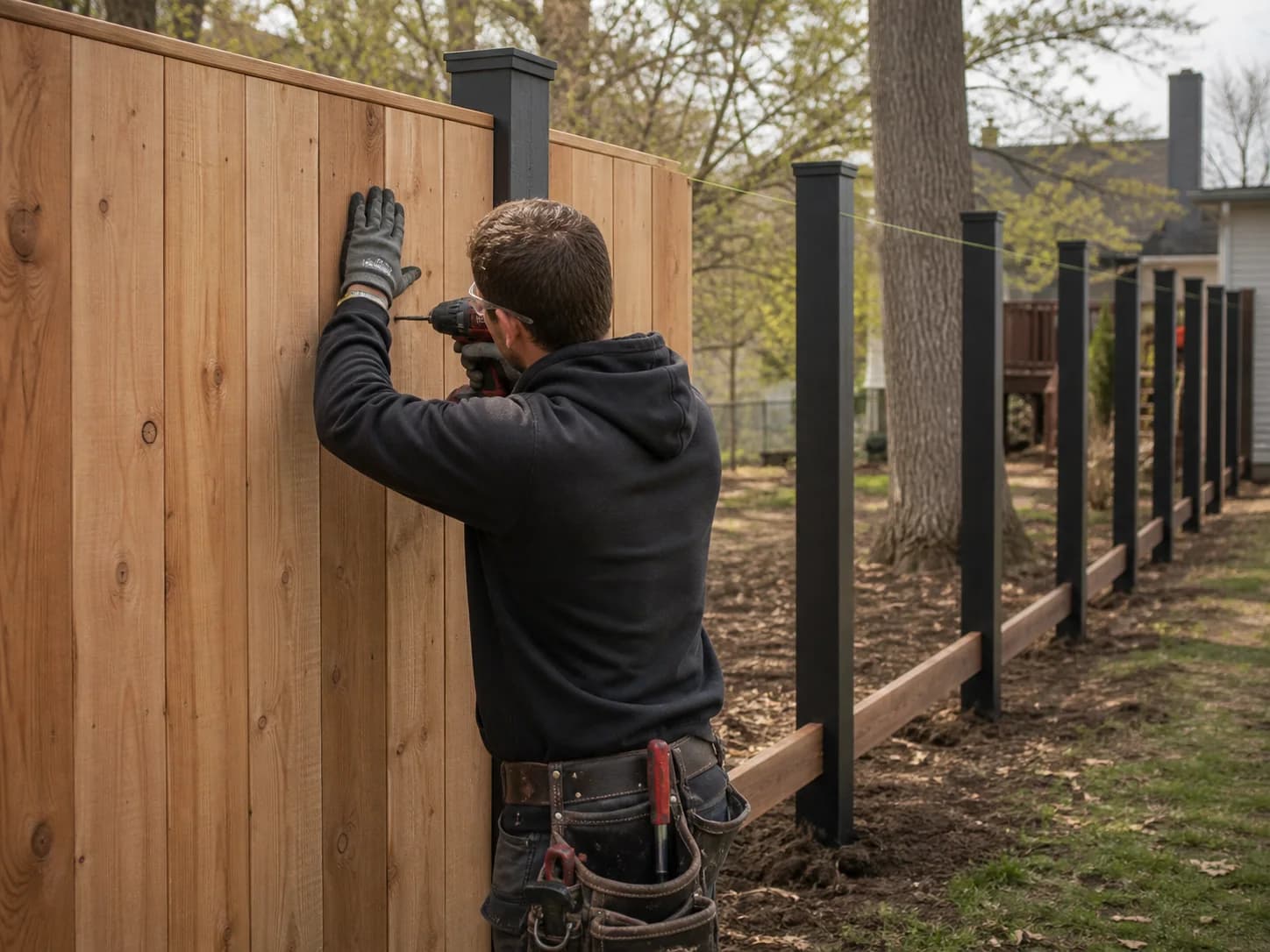 Representative scene of a craftsperson fastening cedar boards to a privacy fence