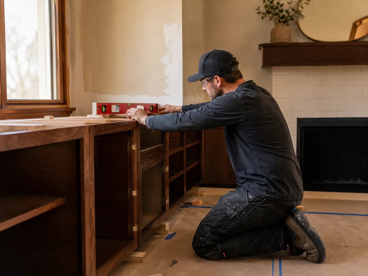 Representative scene of a craftsperson installing walnut built-in cabinetry