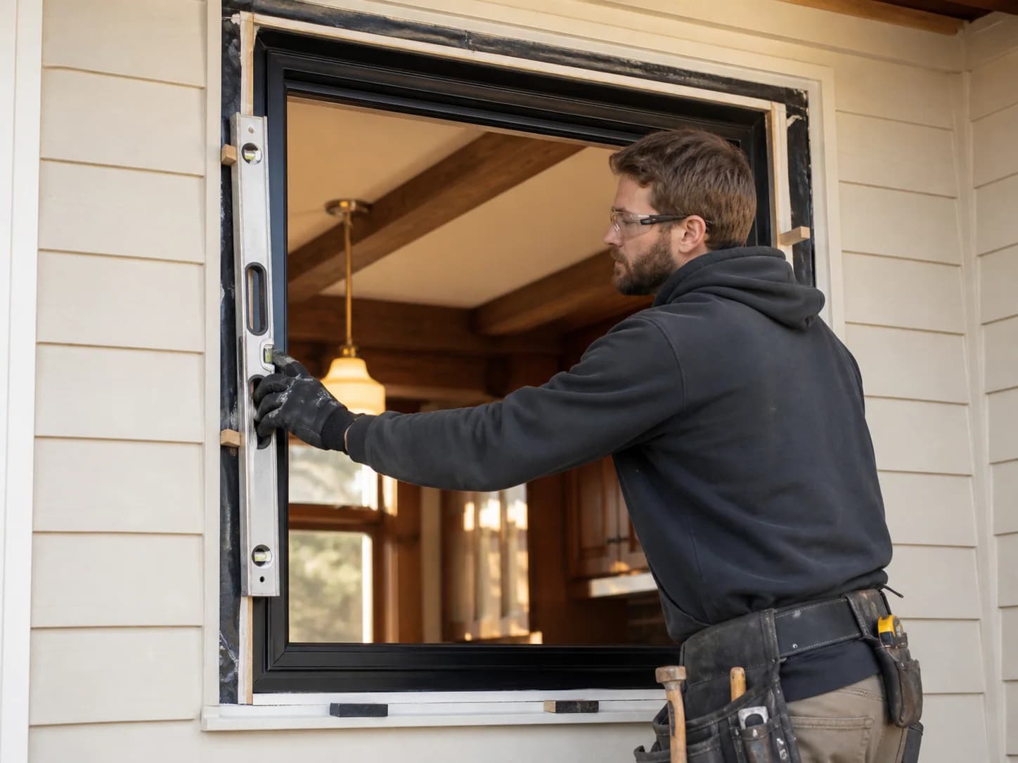 Representative scene of a craftsperson checking a replacement window frame for level